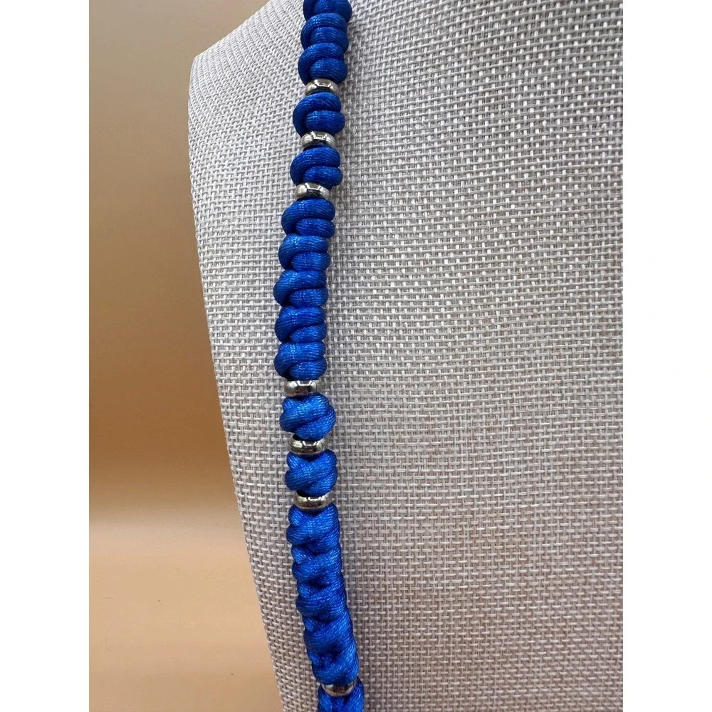 Blue Knotted Cord Necklace Silver Tone Spacer Beads Boho Festival Statement Gift